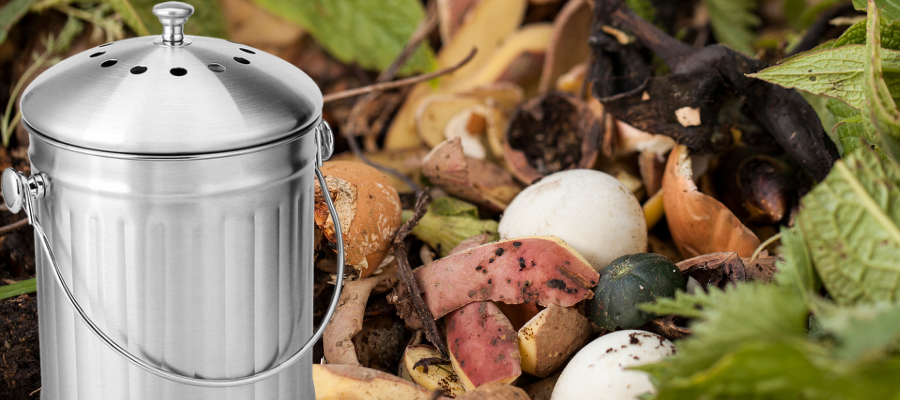 
  Organic composting techniques in small garden with compost bin and green plants